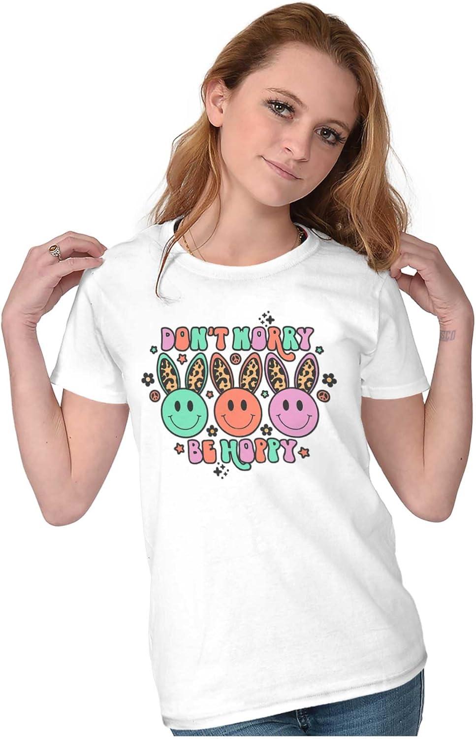 imageBrisco Brands Dont Worry Be Hoppy Easter Bunny Womens Slim Fit Graphic TeeWhite