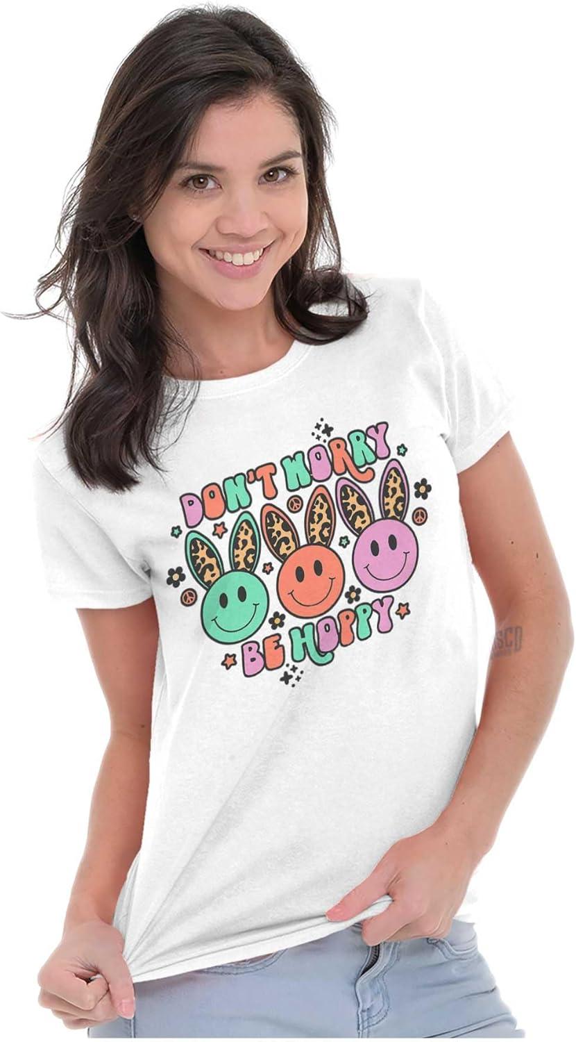 imageBrisco Brands Dont Worry Be Hoppy Easter Bunny Womens Slim Fit Graphic TeeWhite