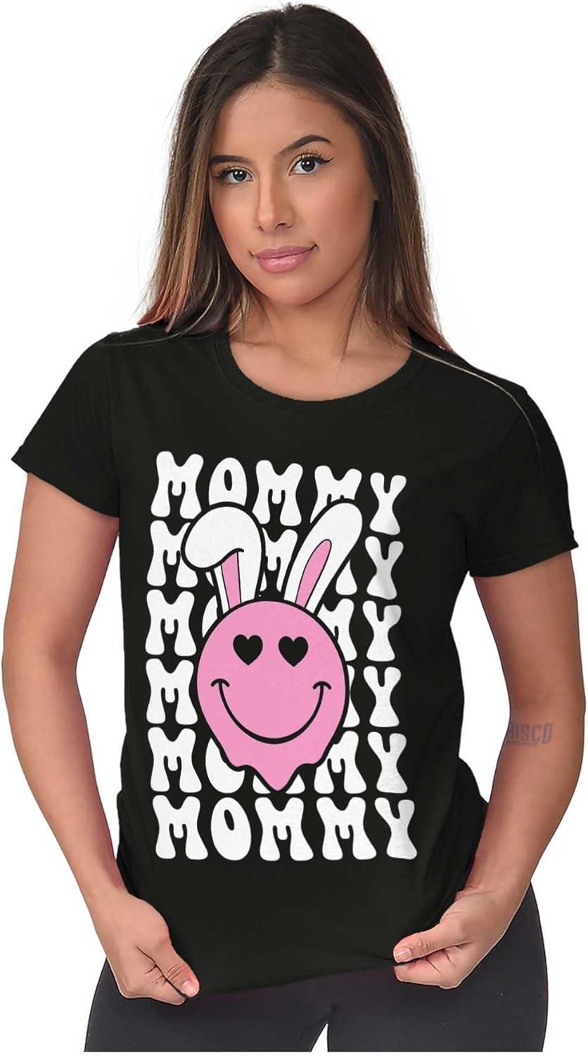 imageBrisco Brands Easter Bunny Mommy Heart Eyes Smile Womens Slim Fit Graphic TeeBlack