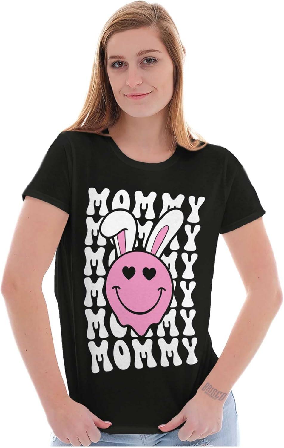imageBrisco Brands Easter Bunny Mommy Heart Eyes Smile Womens Slim Fit Graphic TeeBlack