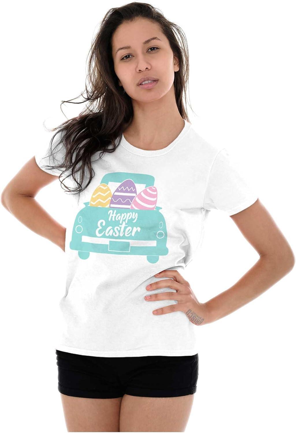 imageBrisco Brands Happy Easter Car Egg Hunt Truck Womens Slim Fit Graphic TeeWhite