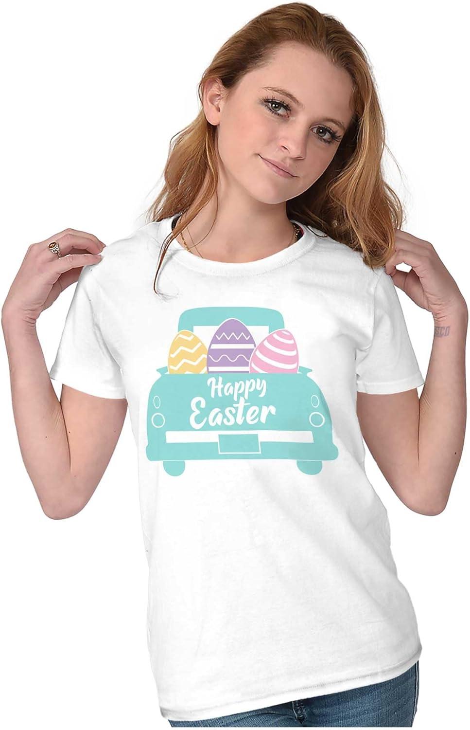 imageBrisco Brands Happy Easter Car Egg Hunt Truck Womens Slim Fit Graphic TeeWhite