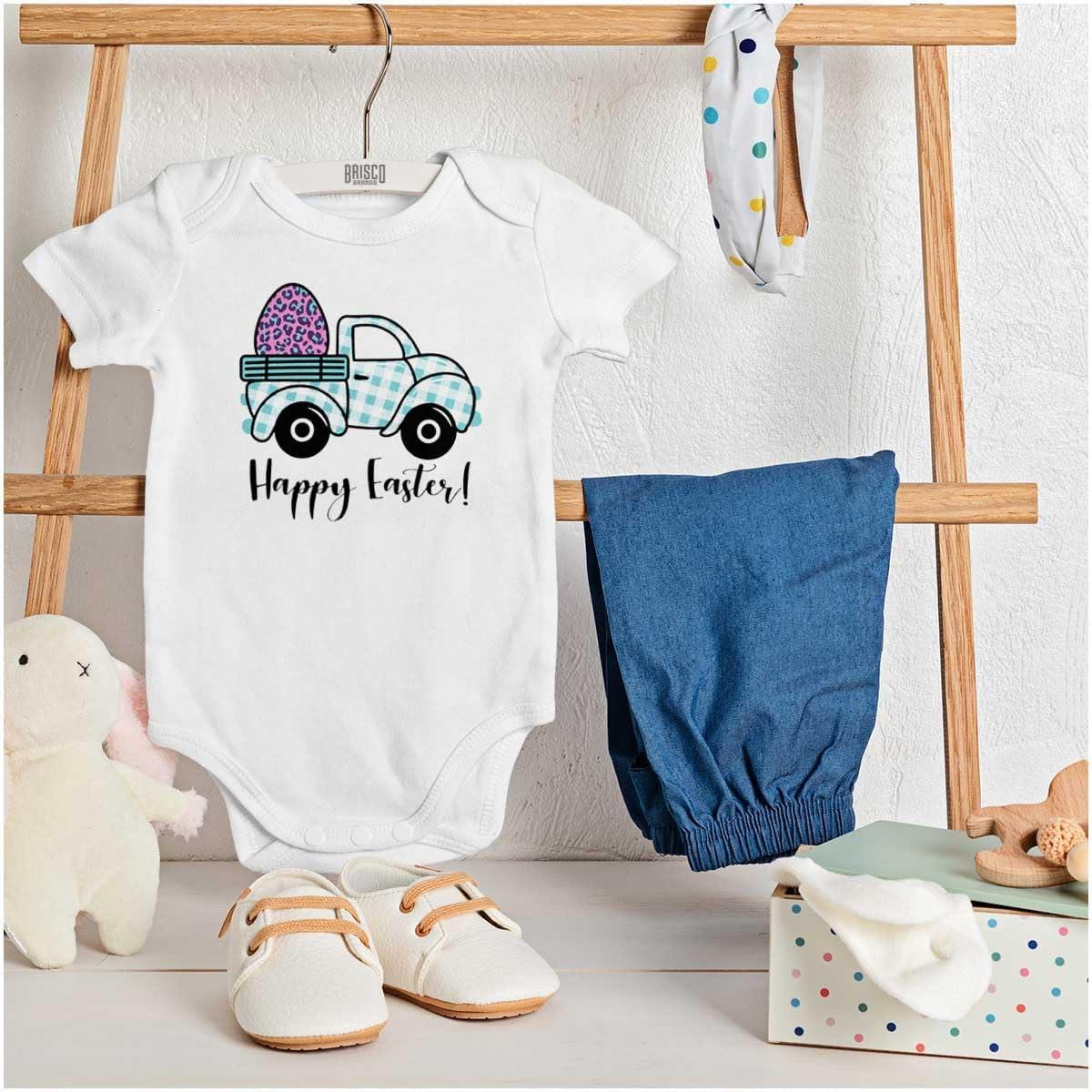 imageBrisco Brands Happy Easter Plaid Egg Hunt Truck Baby Bodysuit Jumper GirlsWhite