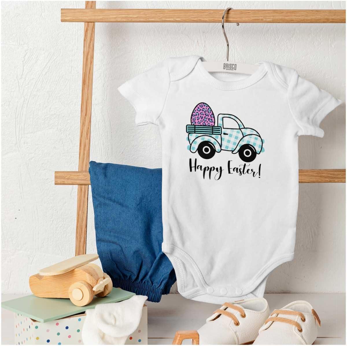 imageBrisco Brands Happy Easter Plaid Egg Hunt Truck Baby Bodysuit Jumper GirlsWhite