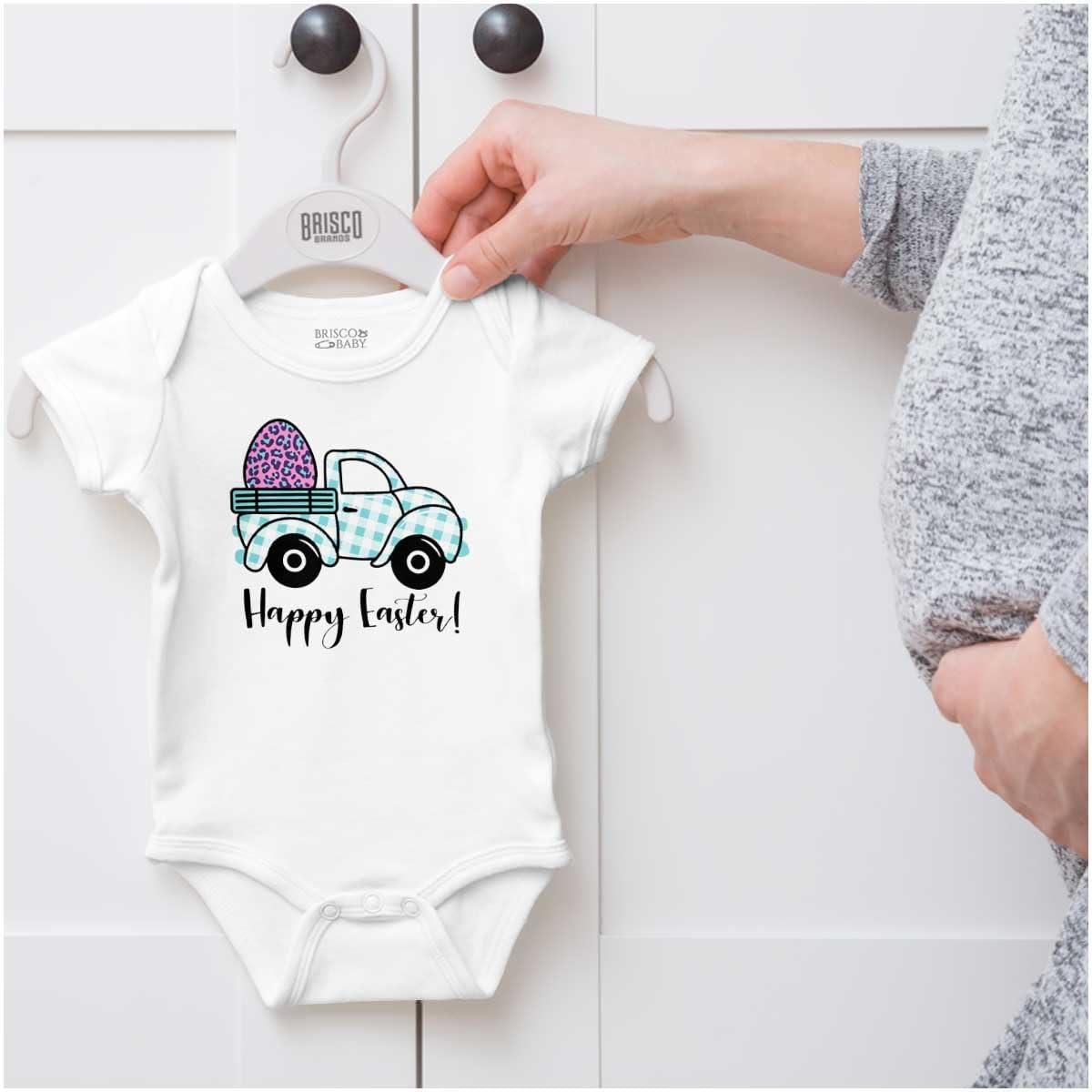 imageBrisco Brands Happy Easter Plaid Egg Hunt Truck Baby Bodysuit Jumper GirlsWhite
