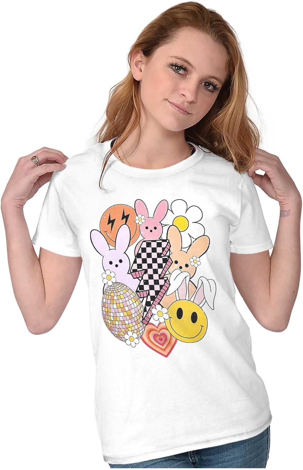 imageBrisco Brands Spring Easter Bunny Disco Collage Womens Slim Fit Graphic TeeWhite