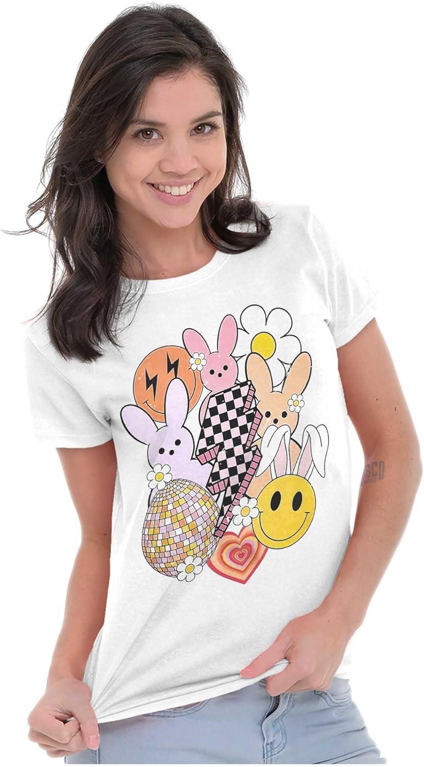 imageBrisco Brands Spring Easter Bunny Disco Collage Womens Slim Fit Graphic TeeWhite