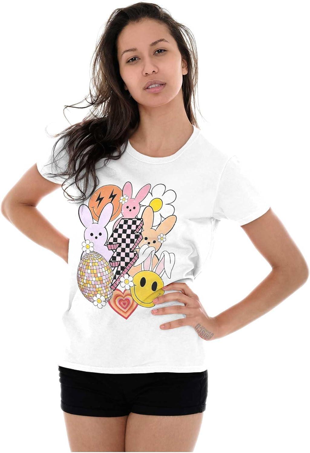 imageBrisco Brands Spring Easter Bunny Disco Collage Womens Slim Fit Graphic TeeWhite