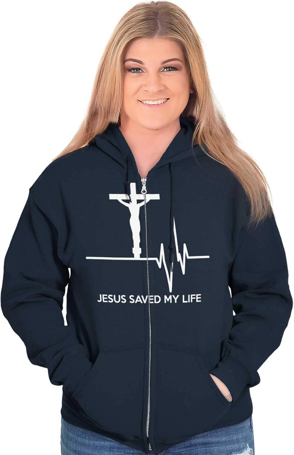imageChristian Strong Jesus Saved My Life Crucifix Zip Up Hoodie Mens WomensNavy