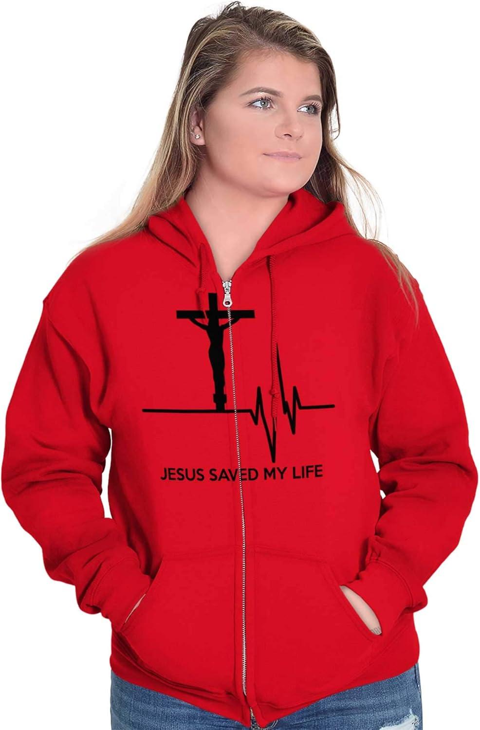 imageChristian Strong Jesus Saved My Life Crucifix Zip Up Hoodie Mens WomensRed