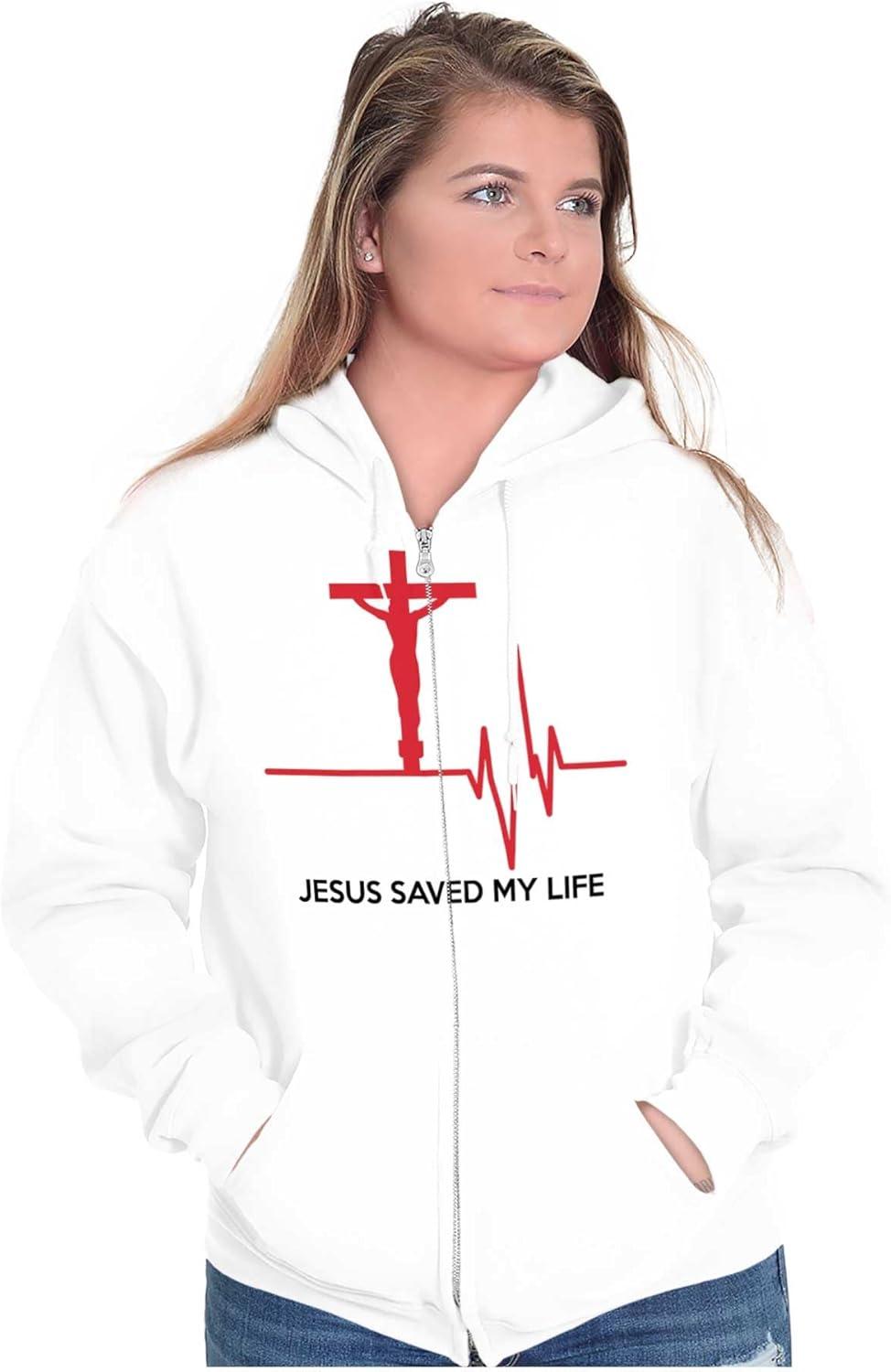 imageChristian Strong Jesus Saved My Life Crucifix Zip Up Hoodie Mens WomensWhite