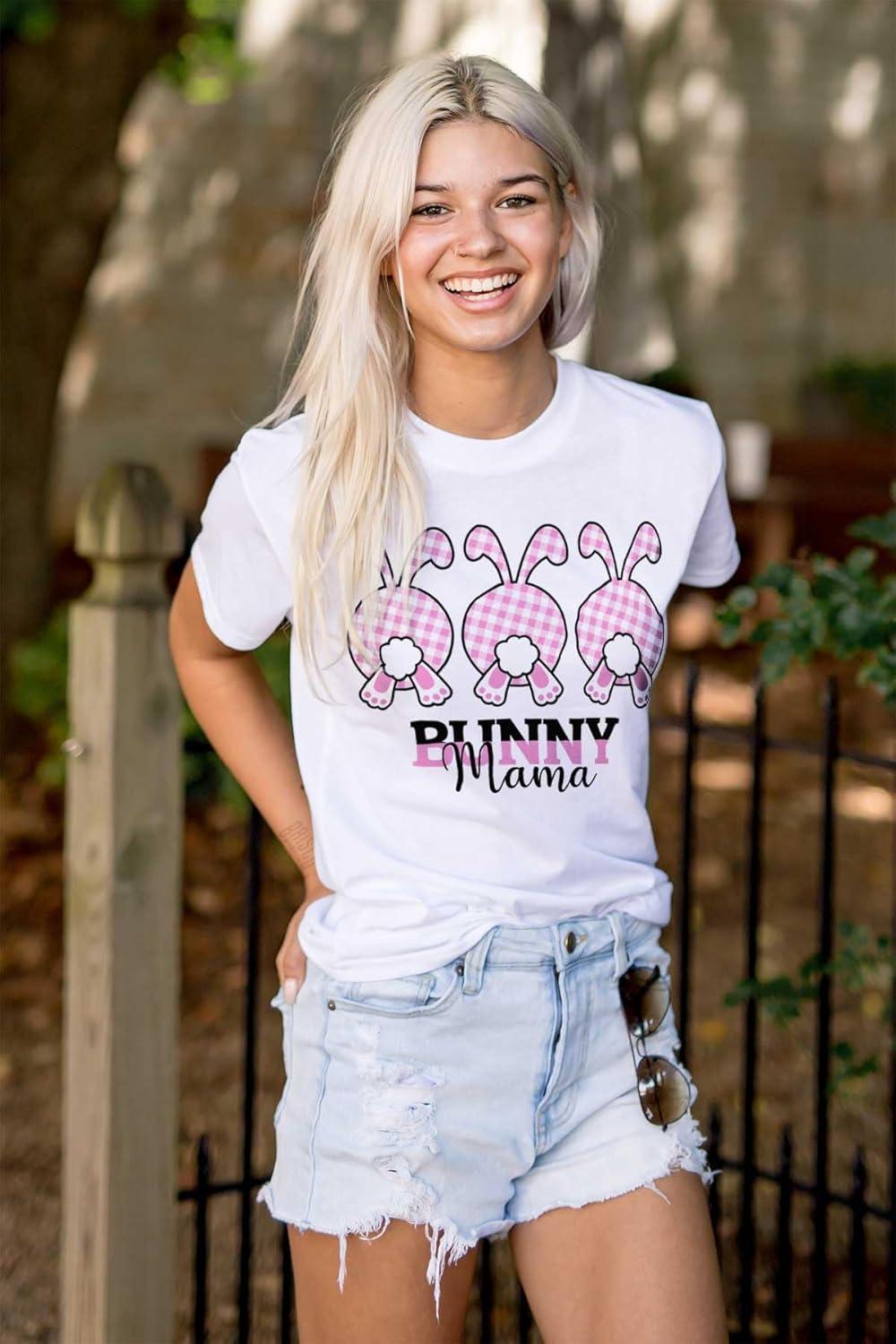 imageCute Plaid Easter Bunny Mama Tails Womens Graphic T Shirt TeesWhite