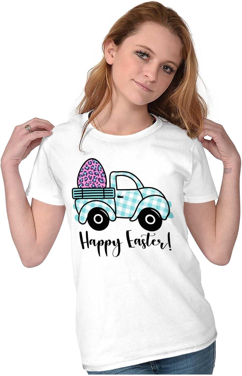 imageHappy Easter Plaid Egg Hunt Truck Womens Slim Fit Graphic TeeWhite