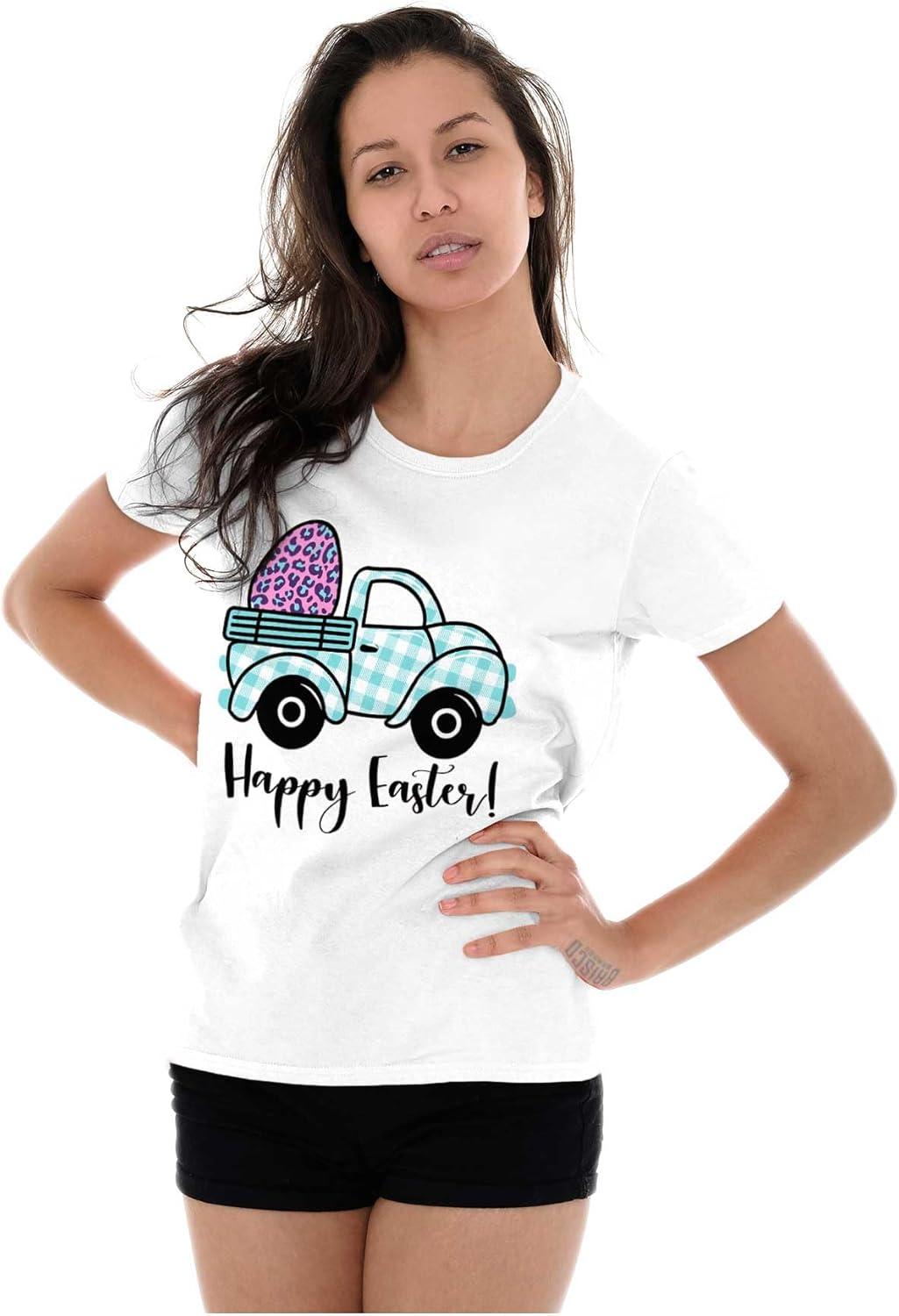imageHappy Easter Plaid Egg Hunt Truck Womens Slim Fit Graphic TeeWhite