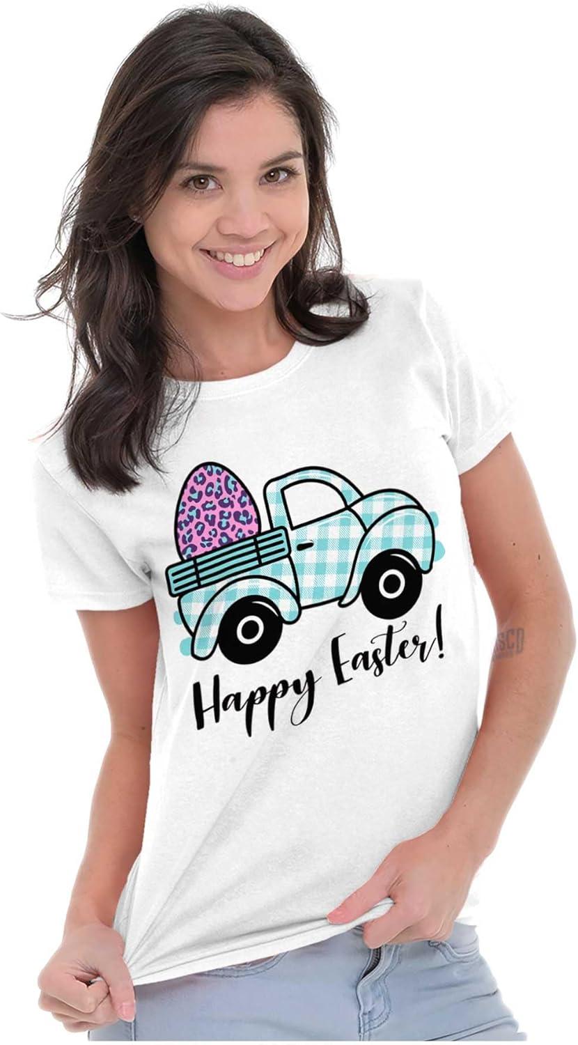 imageHappy Easter Plaid Egg Hunt Truck Womens Slim Fit Graphic TeeWhite