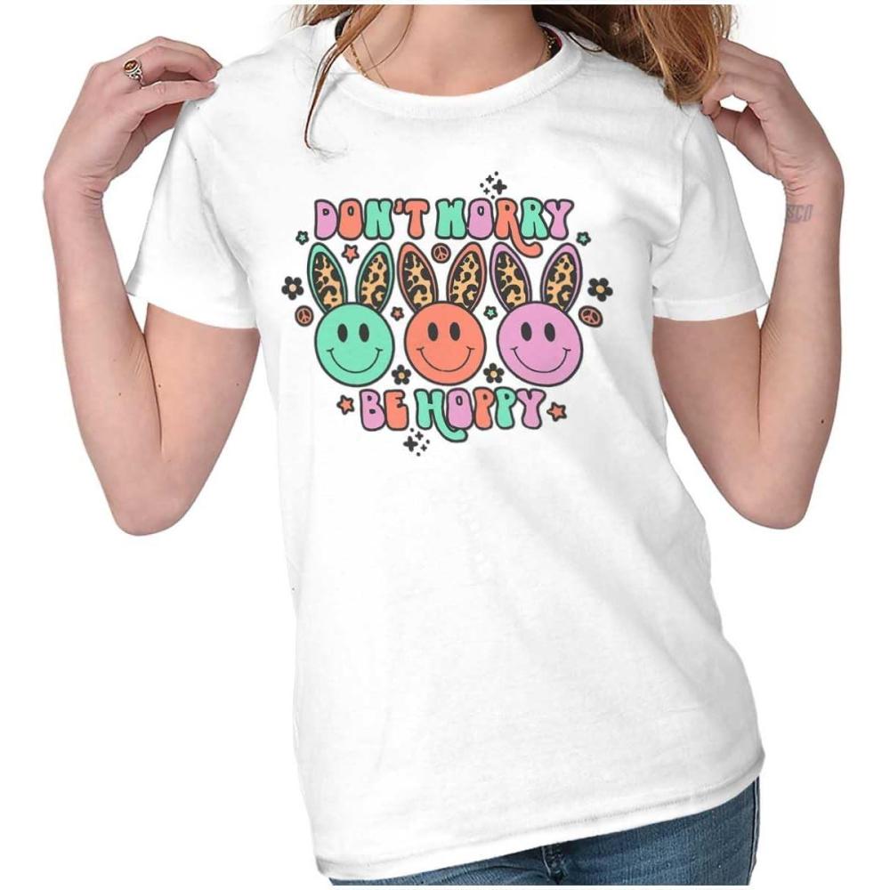 imageBrisco Brands Dont Worry Be Hoppy Easter Bunny Womens Slim Fit Graphic TeeWhite