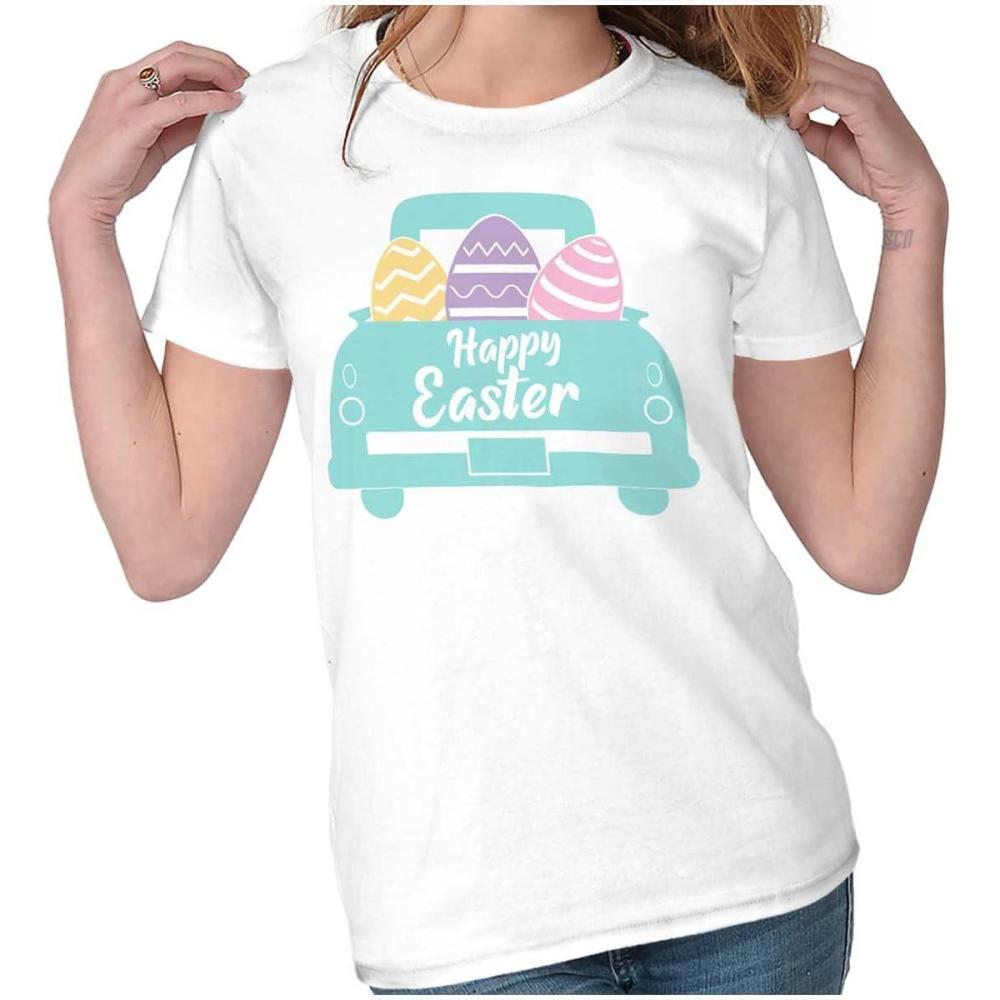 imageBrisco Brands Happy Easter Car Egg Hunt Truck Womens Slim Fit Graphic TeeWhite