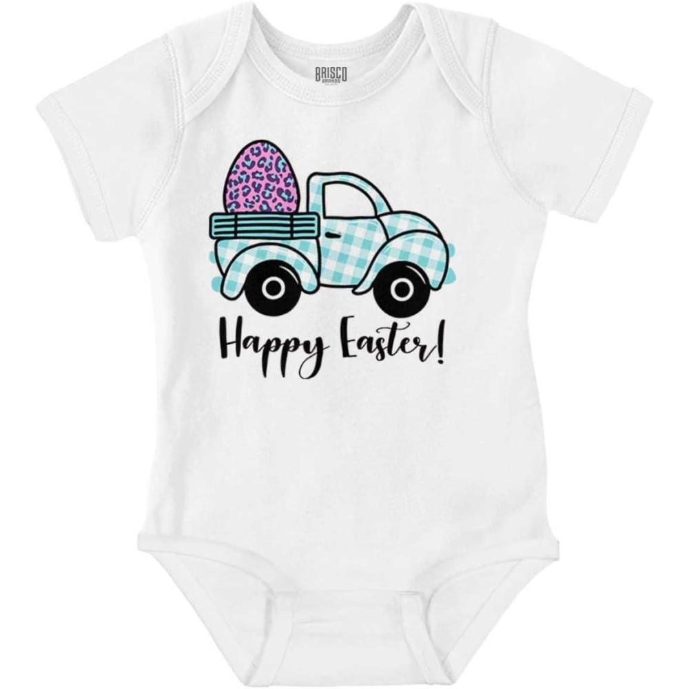 imageBrisco Brands Happy Easter Plaid Egg Hunt Truck Baby Bodysuit Jumper GirlsWhite
