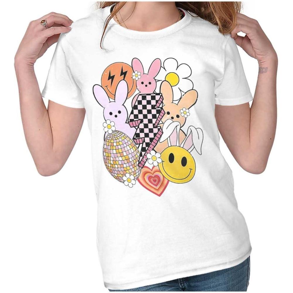 imageBrisco Brands Spring Easter Bunny Disco Collage Womens Slim Fit Graphic TeeWhite