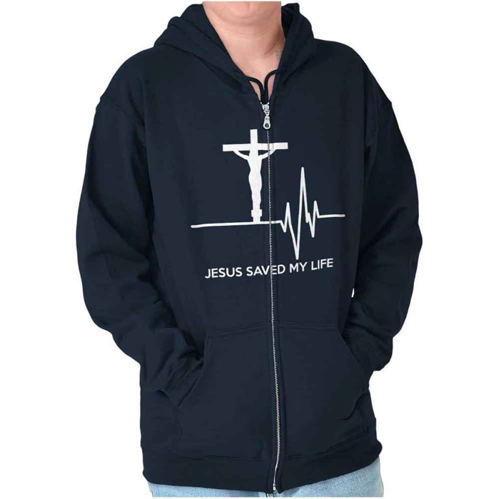 imageChristian Strong Jesus Saved My Life Crucifix Zip Up Hoodie Mens WomensNavy