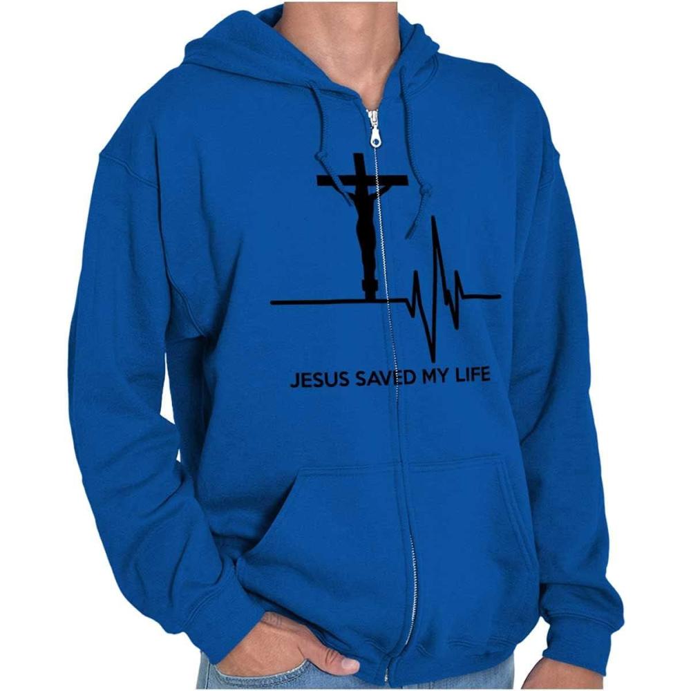 imageChristian Strong Jesus Saved My Life Crucifix Zip Up Hoodie Mens WomensRoyal