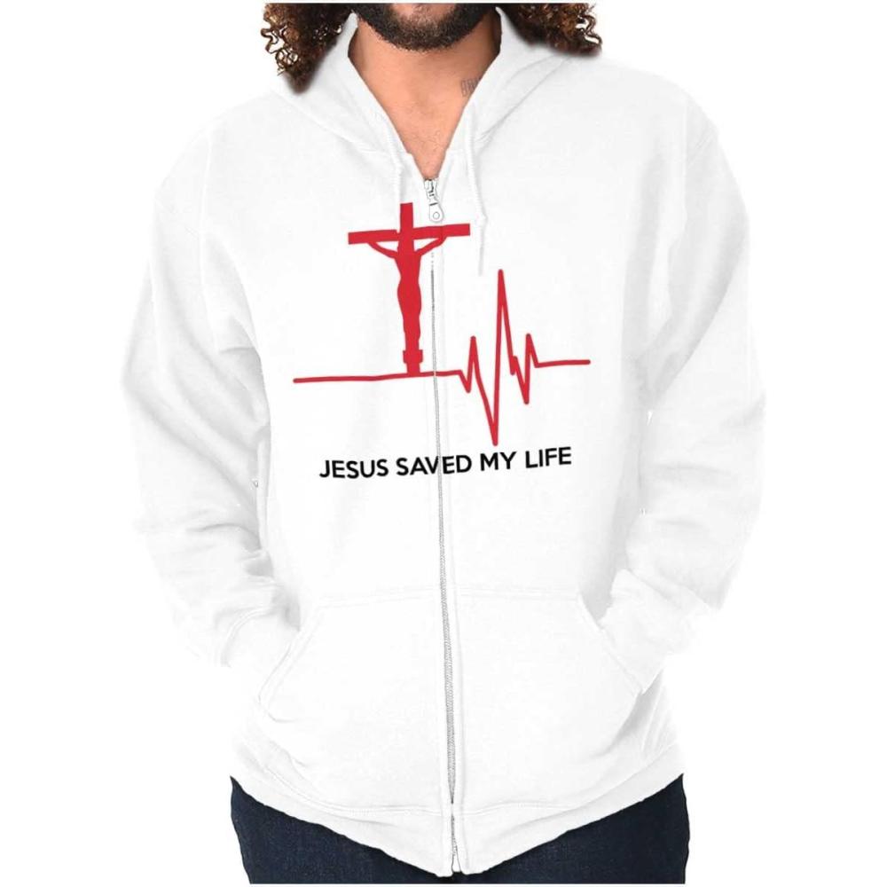 imageChristian Strong Jesus Saved My Life Crucifix Zip Up Hoodie Mens WomensWhite