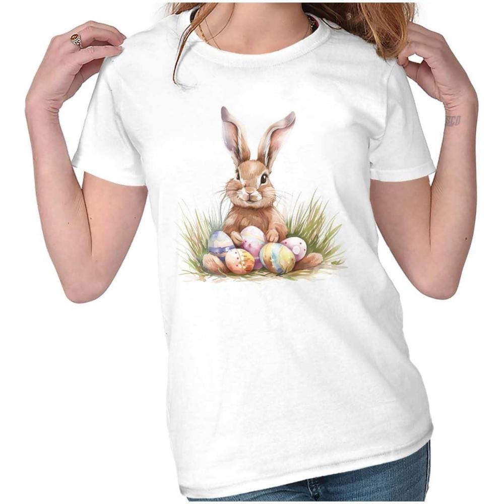 imageVintage Easter Bunny with Eggs Womens Slim Fit Graphic TeeWhite
