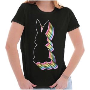 Brisco Brands Colorful Easter Bunny Gradient Womens Slim Fit Graphic Tee(Black)