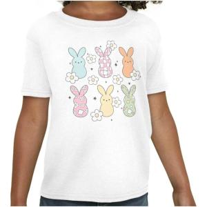 Brisco Brands Colorful Easter Bunny Patterns Girls Kids T Shirt Tees(White)