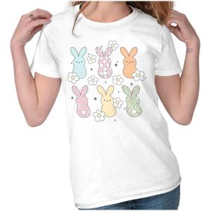 Brisco Brands Colorful Easter Bunny Patterns Womens Slim Fit Graphic Tee(White)