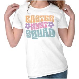 Brisco Brands Cute Easter Egg Hunt Squad Daisies Womens Slim Fit Graphic Tee(White)