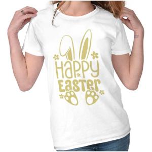 Brisco Brands Cute Spring Happy Easter Bunny Ears Womens Slim Fit Graphic Tee(White)
