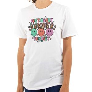 Brisco Brands Don’t Worry Be Hoppy Easter Bunny Womens Graphic T Shirt Tees(White)