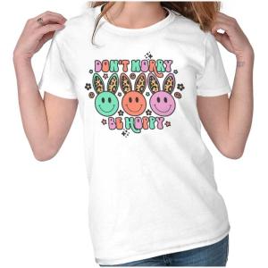 Brisco Brands Don’t Worry Be Hoppy Easter Bunny Womens Slim Fit Graphic Tee(White)