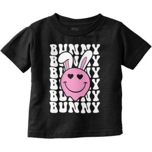 Brisco Brands Easter Bunny Ears Heart Eyes Smile Toddler Baby Girl T Shirt(Black)