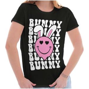 Brisco Brands Easter Bunny Ears Heart Eyes Smile Womens Slim Fit Graphic Tee(Black)