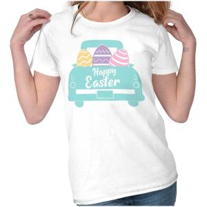 Brisco Brands Happy Easter Car Egg Hunt Truck Womens Slim Fit Graphic Tee(White)