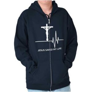 Christian Strong Jesus Saved My Life Crucifix Zip Up Hoodie Mens Womens(Navy)