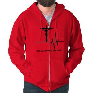 Christian Strong Jesus Saved My Life Crucifix Zip Up Hoodie Mens Womens(Red)