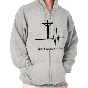 Christian Strong Jesus Saved My Life Crucifix Zip Up Hoodie Mens Womens(Sport Grey)