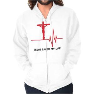 Christian Strong Jesus Saved My Life Crucifix Zip Up Hoodie Mens Womens(White)