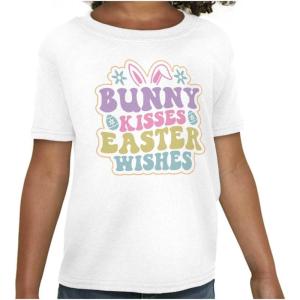 Cute Bunny Kisses Easter Wishes Girls Kids T Shirt Tees(White)