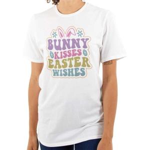 Cute Bunny Kisses Easter Wishes Womens Graphic T Shirt Tees(White)