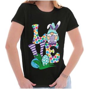 Easter Bunny Gnome Love Egg Hunt Womens Slim Fit Graphic Tee(Black)