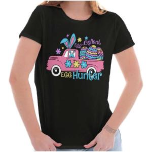 Easter Egg-Cellent Egg Hunter Truck Womens Slim Fit Graphic Tee(Black)