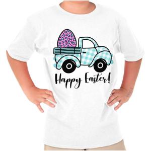 Happy Easter Plaid Egg Hunt Truck Girls Kids T Shirt Tees(White)