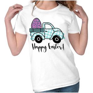 Happy Easter Plaid Egg Hunt Truck Womens Slim Fit Graphic Tee(White)