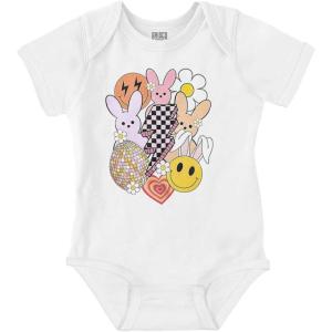 Spring Easter Bunny Disco Collage Baby Bodysuit Jumper Girls(White)