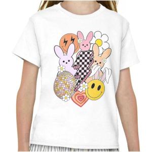 Spring Easter Bunny Disco Collage Girls Kids T Shirt Tees(White)