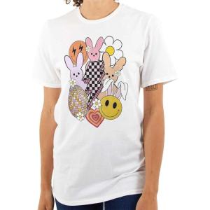 Spring Easter Bunny Disco Collage Womens Graphic T Shirt Tees(White)